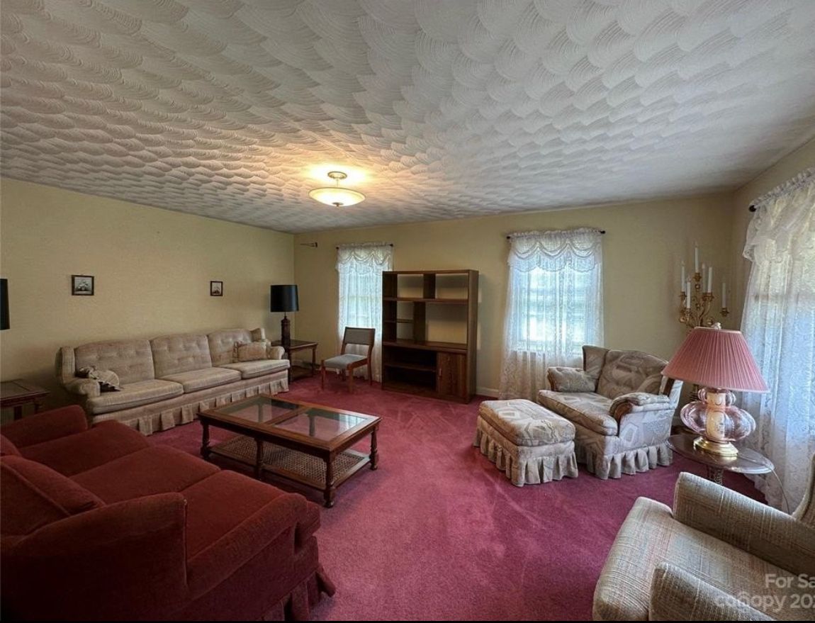 Living room with red carpet, sofas, and coffee table.