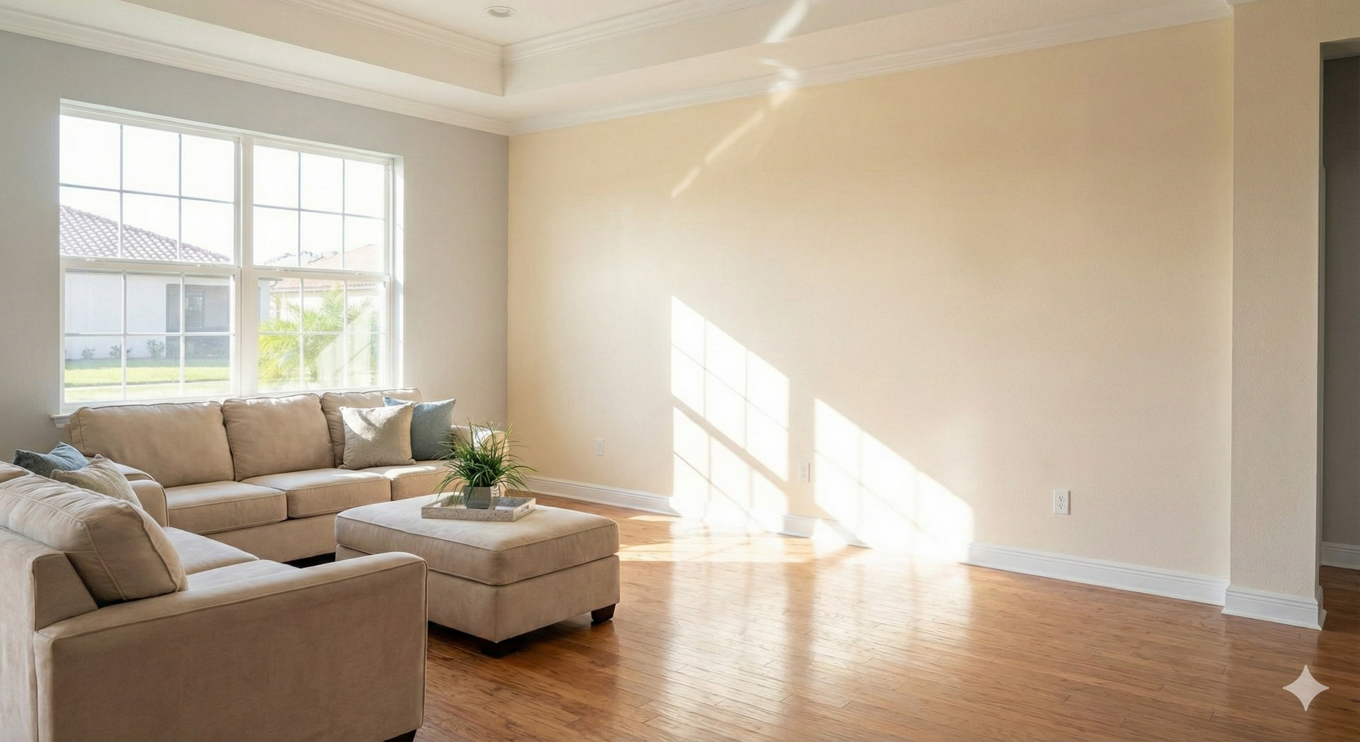 Bedroom with wood flooring, green accent wall, bed, and TV on a table by a window.