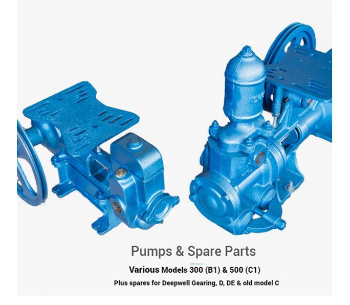 A picture of pumps and spare parts on a white background