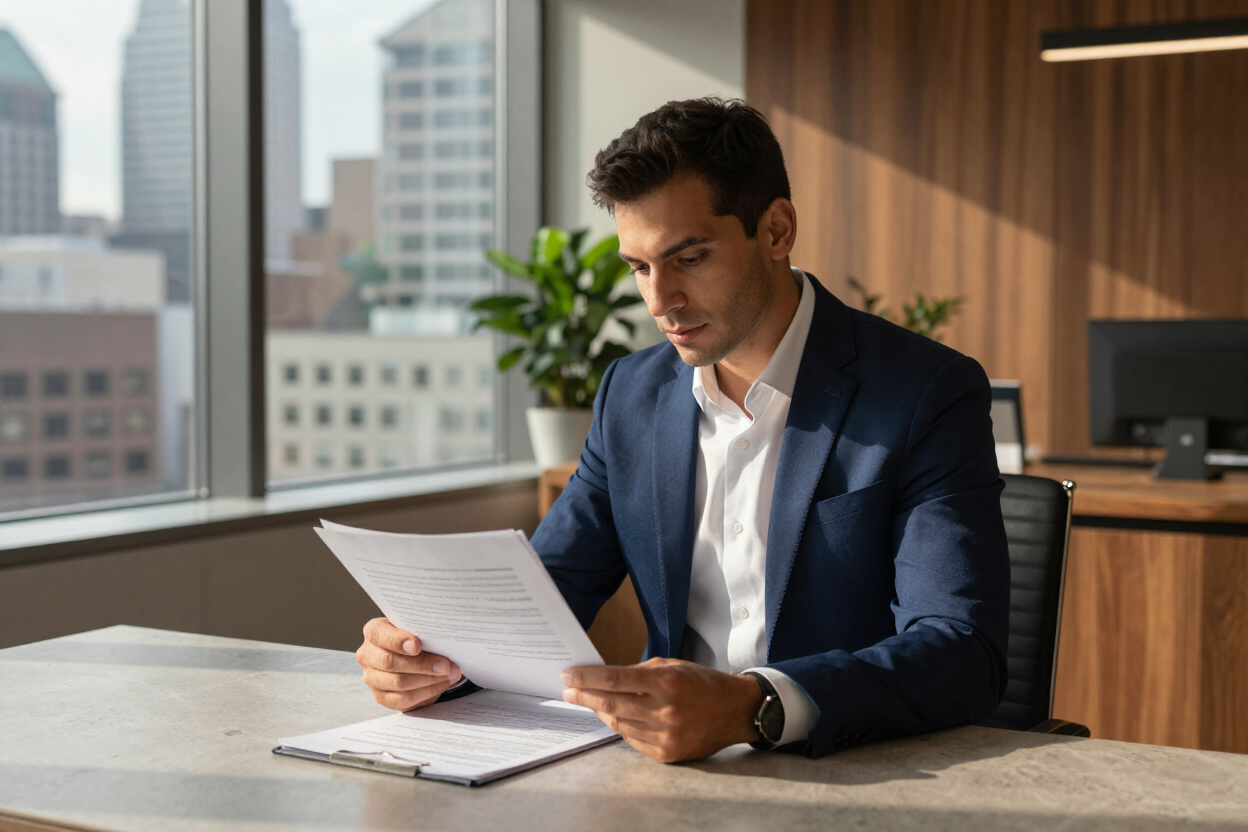 Luxe Living advisor reviewing property documents in a premium office