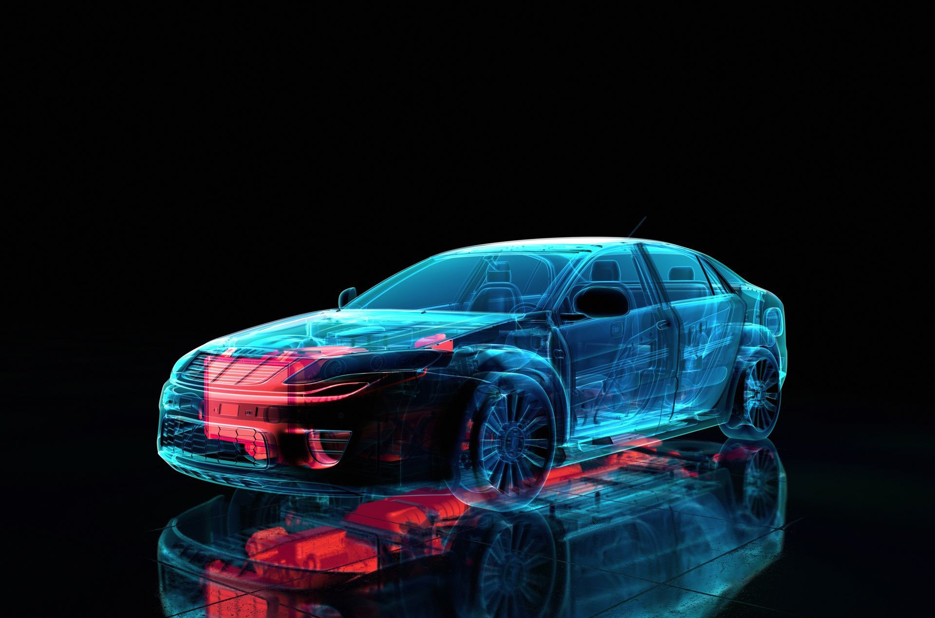 A 3d rendering of a futuristic car on a black background.