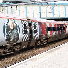 A train wrapped with Magneto from the X-Men on the side of it.