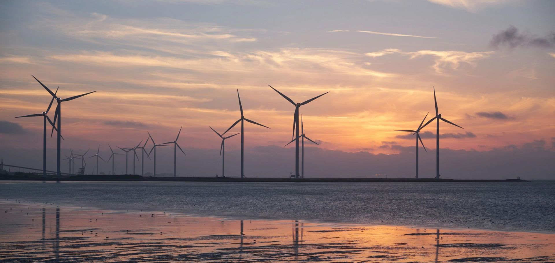 A row of wind turbines sitting on top of a body of water at sunset.