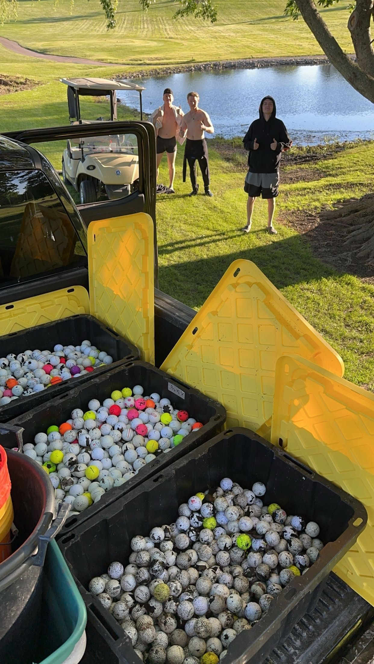 A group of men are standing next to a truck filled with golf balls.