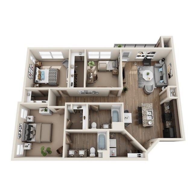 Floor plan of an apartment with two bedrooms, living room, kitchen, and two bathrooms, furnished.