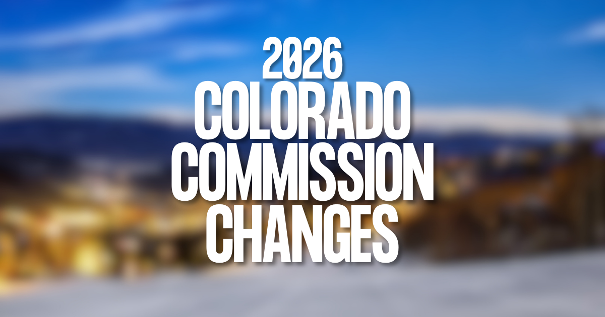 2026 Colorado Commission Changes text over blurred Colorado mountain landscape