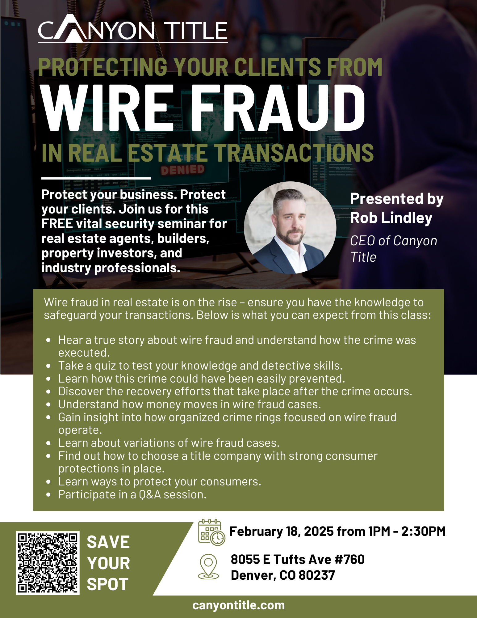 A poster for canyon title protecting your clients from wire fraud in real estate transactions.