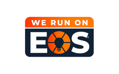 A logo for we run on eos with a light bulb on it
