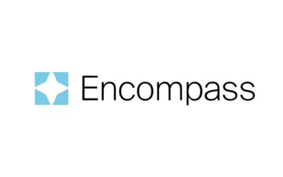 A logo for encompass with a blue star on a white background.