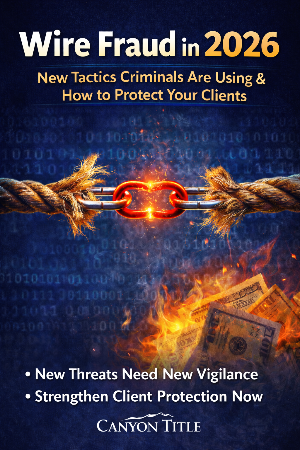 Wire fraud warning graphic showing cybersecurity threat with email phishing and financial protection shield