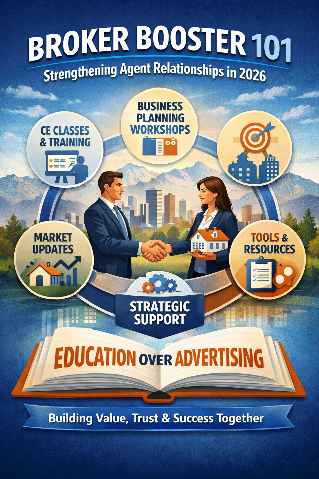 Broker Booster program graphic with lender/agent handshake highlighting education over advertising