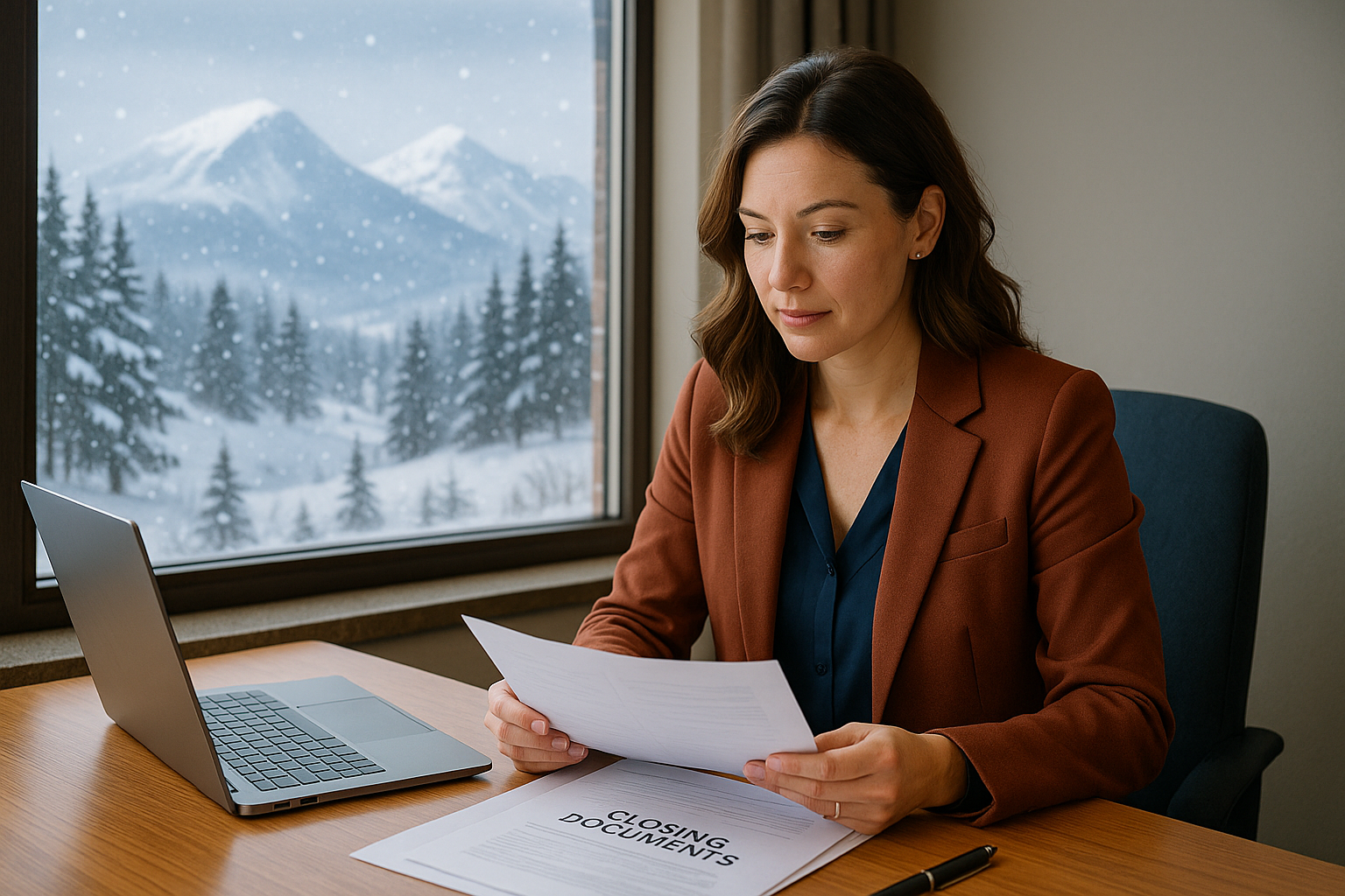 Colorado realtor reviewing closing documents during winter with snow visible through office window
