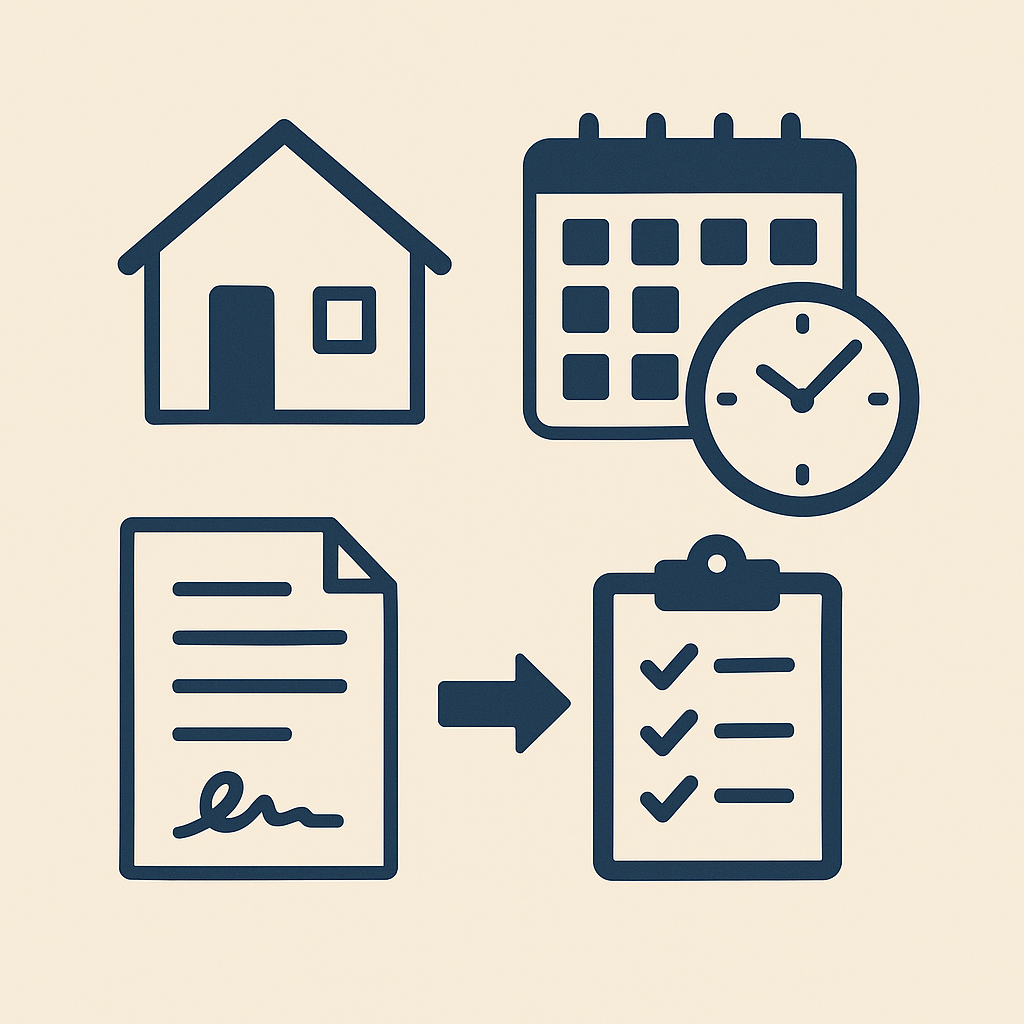 Real estate closing timeline icons showing house, calendar, contract, and checklist
