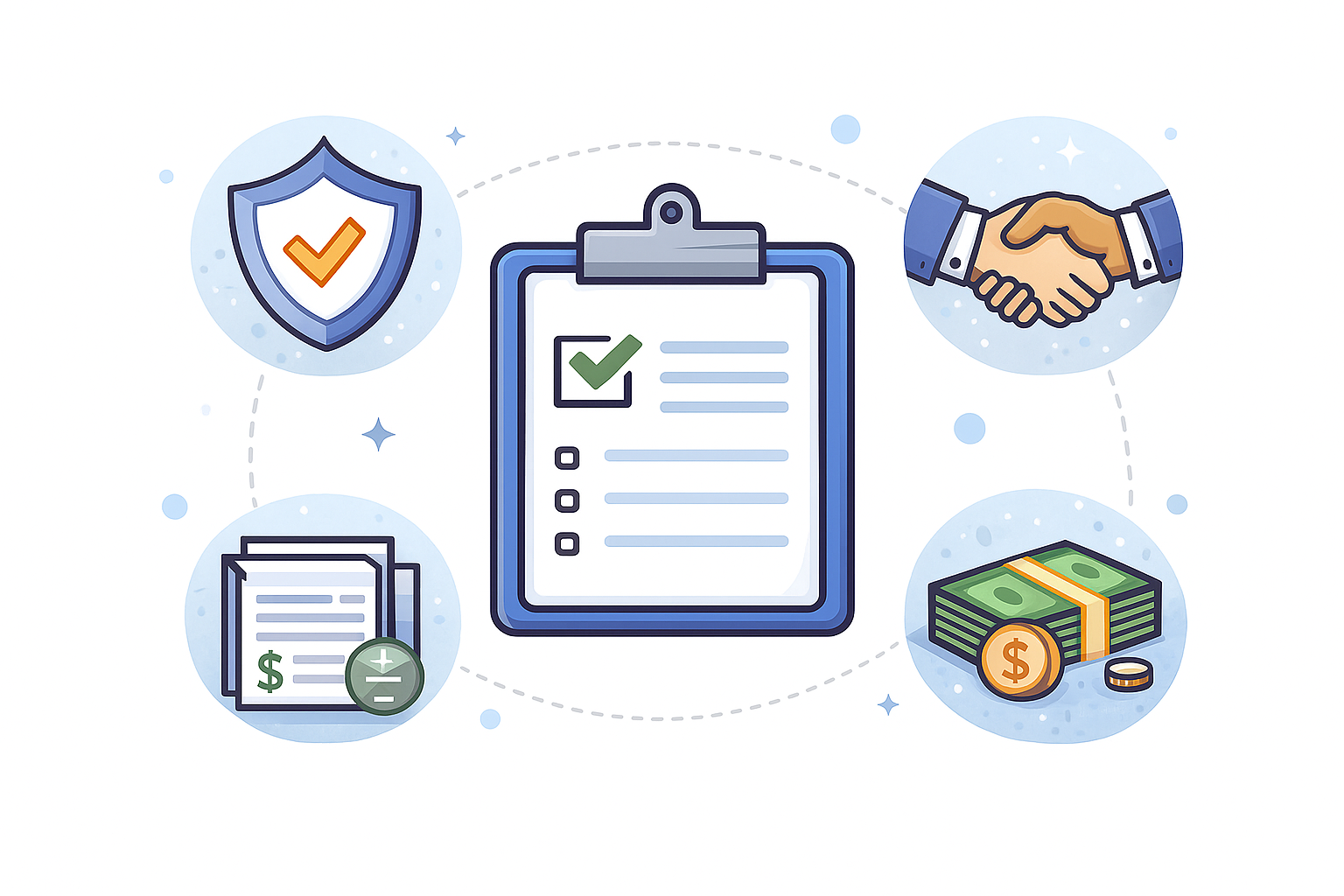 Title and escrow fees infographic showing insurance protection, checklist, handshake, documents, and cash