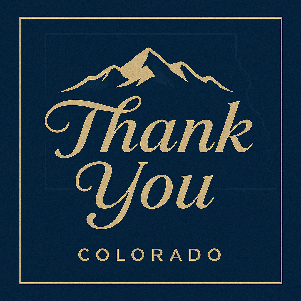 Thank You Colorado with gold mountains on navy background expressing gratitude