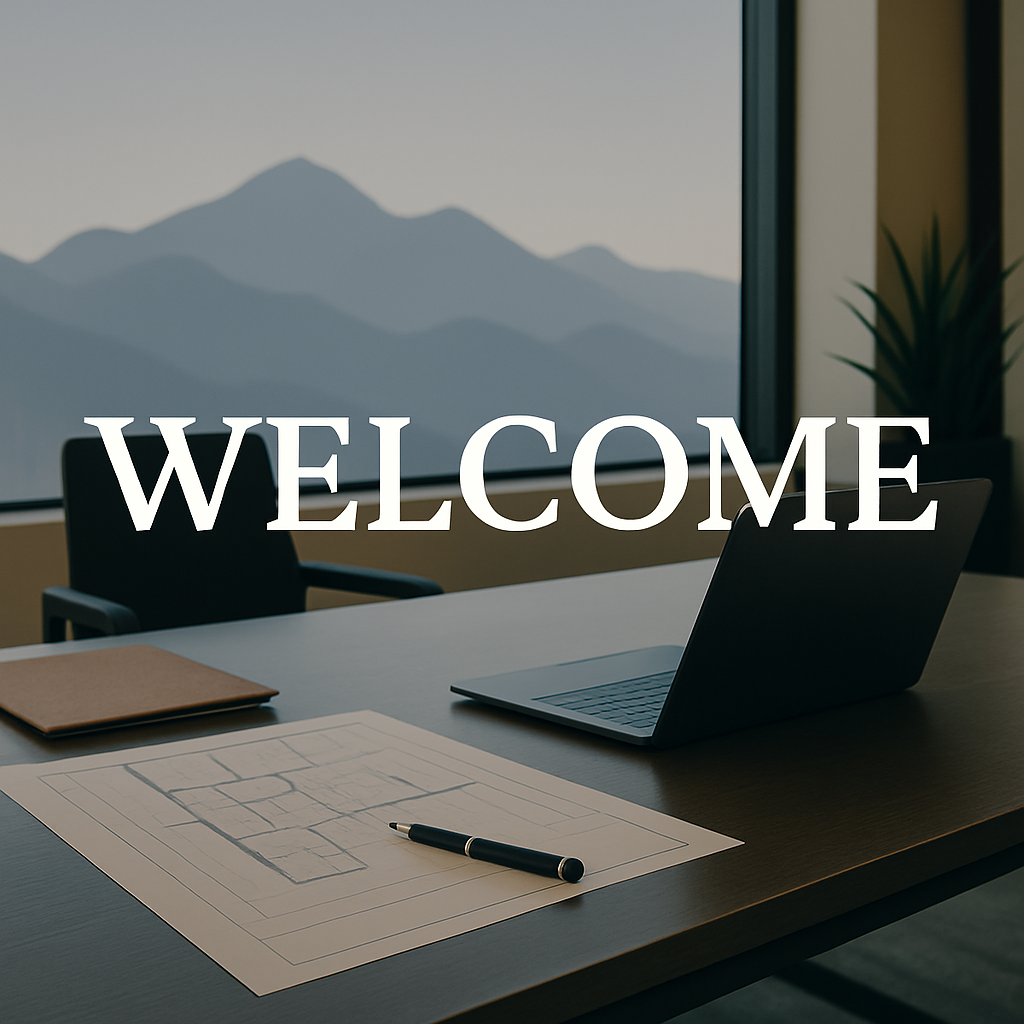 Welcome message over professional Colorado office with mountain view