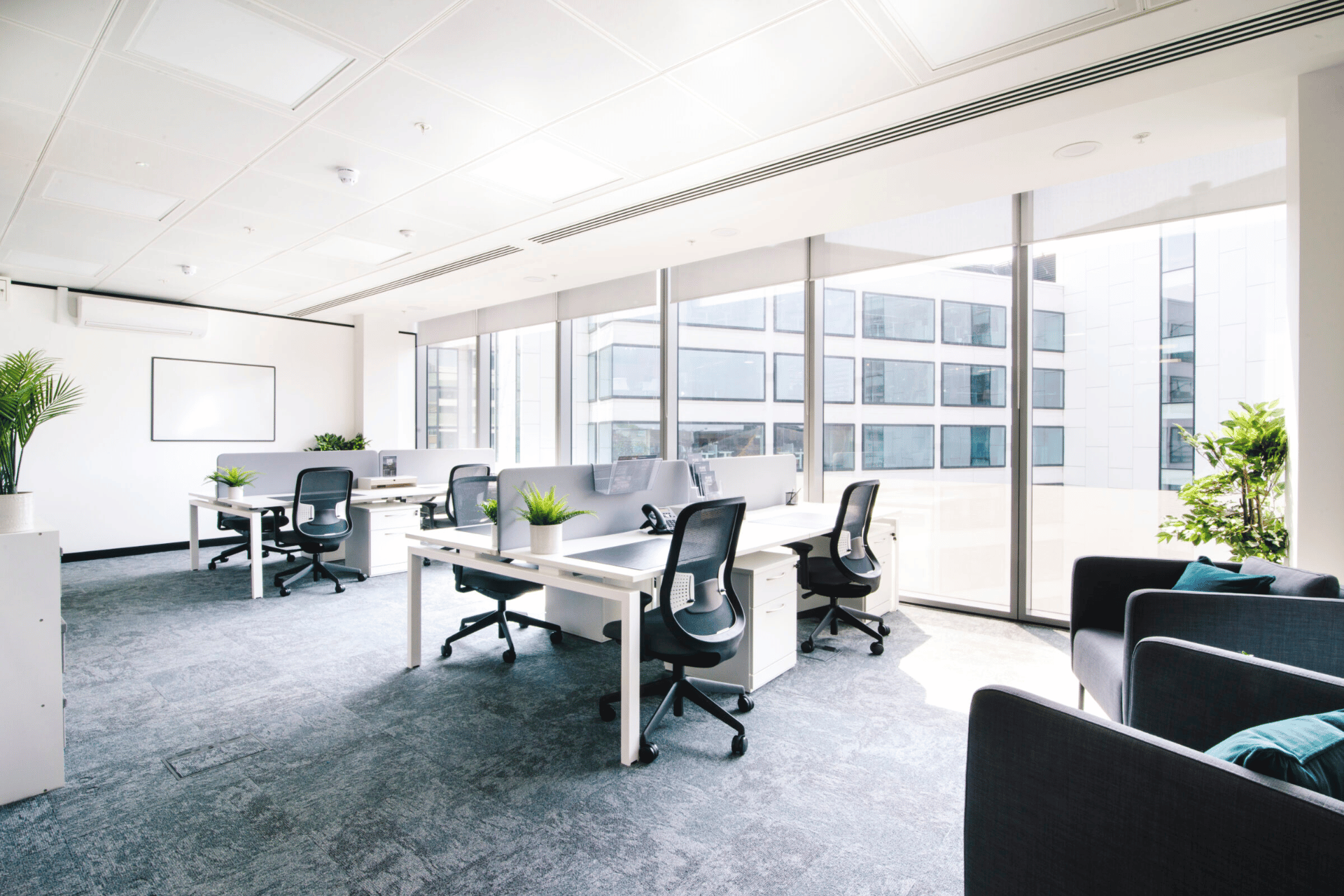 Bright modern office space with desks, chairs, large windows, and seating area.