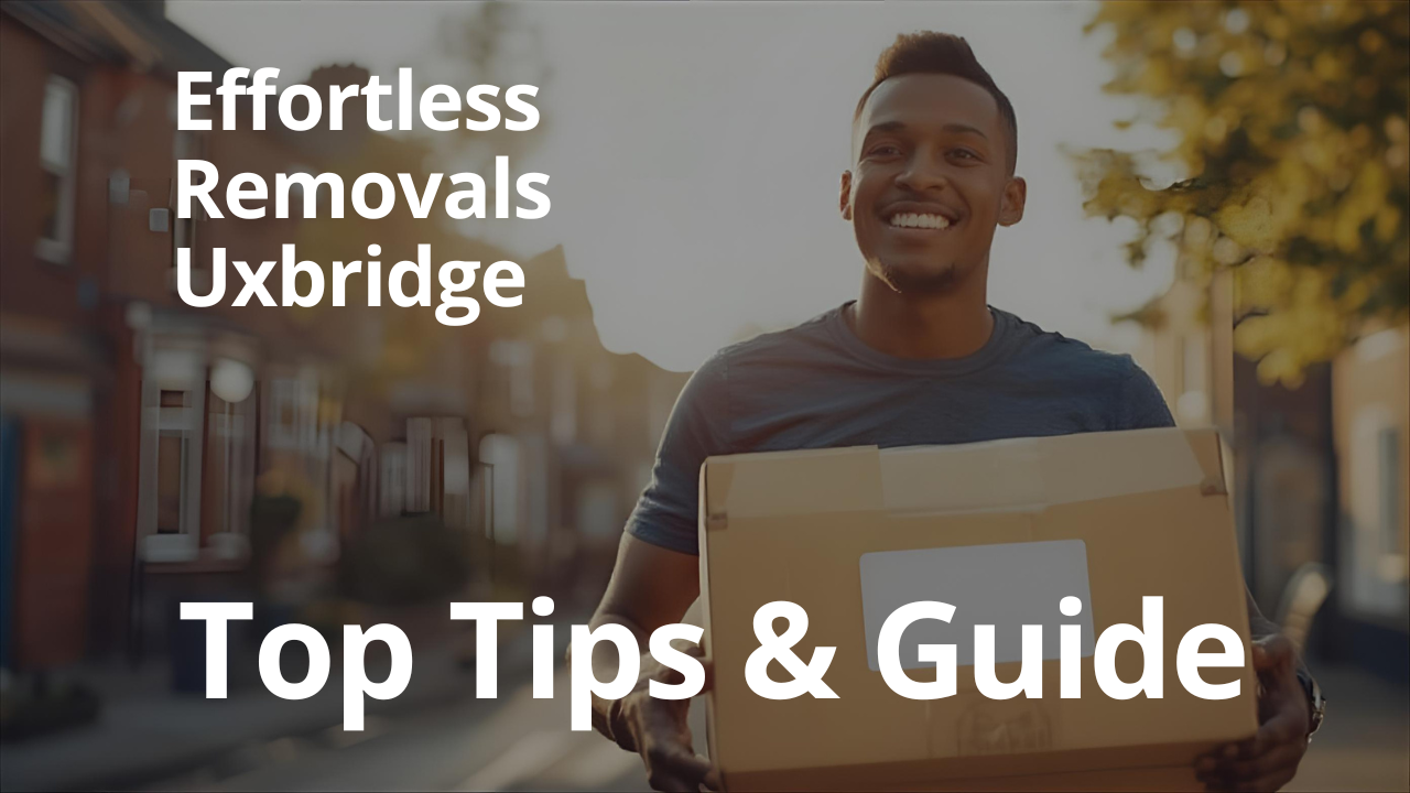 Moving truck and person carrying a box with the words