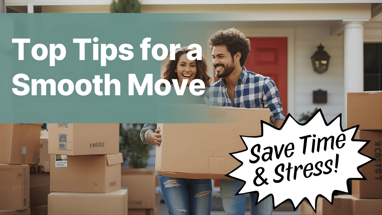 Couple carrying a box in front of a house, text reads