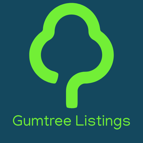 A logo for gumtree listings with a green tree on a blue background