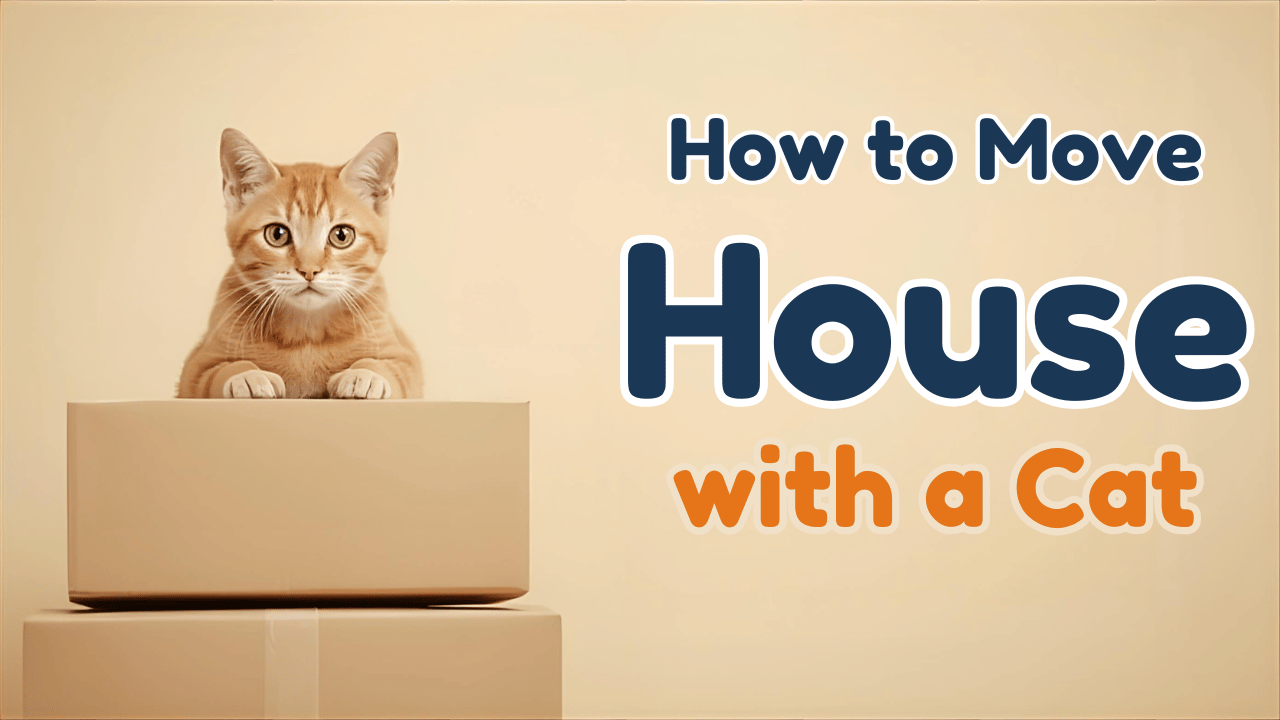 Orange tabby cat in moving boxes with text 