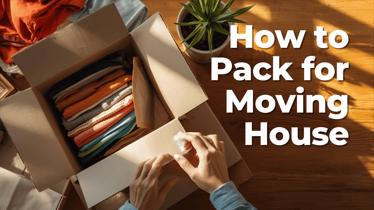 Hands packing clothes into a moving box on a wooden table, next to a potted plant. Text: How to Pack for Moving House.