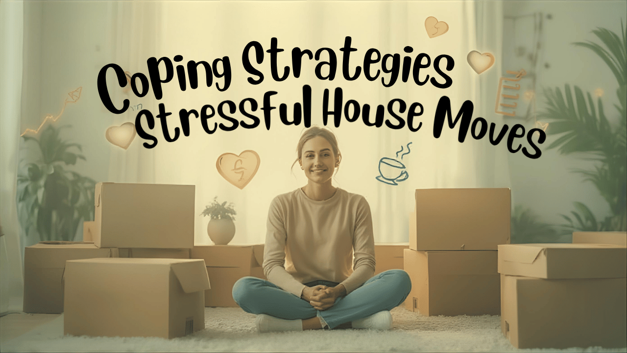 Woman sitting among moving boxes; text reads 