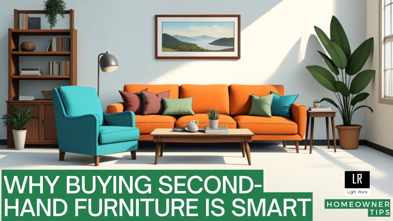 Living room with orange couch, turquoise chair, and coffee table; text overlay 