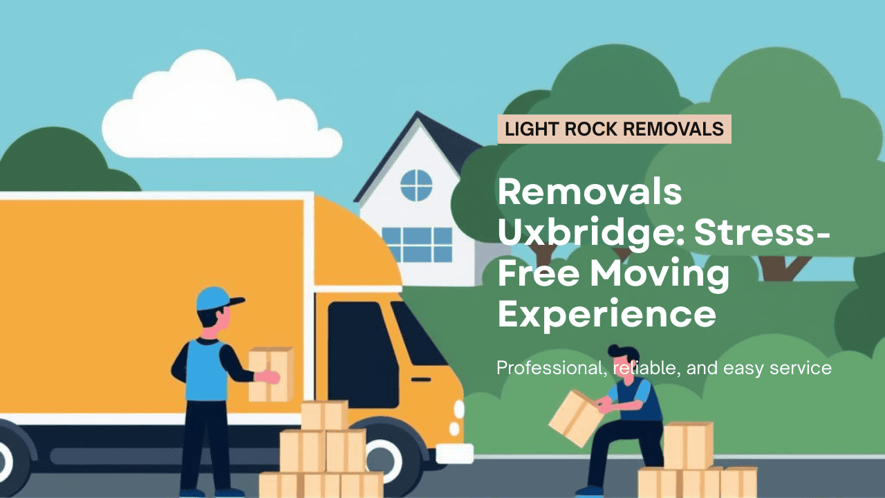 An orange moving truck with workers loading boxes in front of a house; Light Rock Removals advertisement.