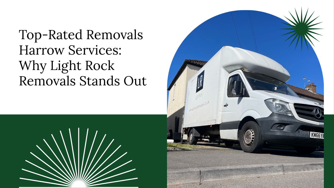 White removal truck parked next to a building under a blue sky; text 