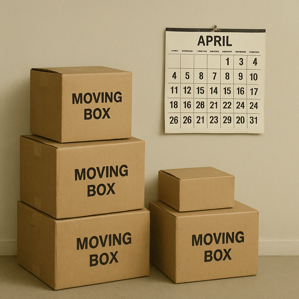 Moving boxes stacked next to an April calendar on a wall.