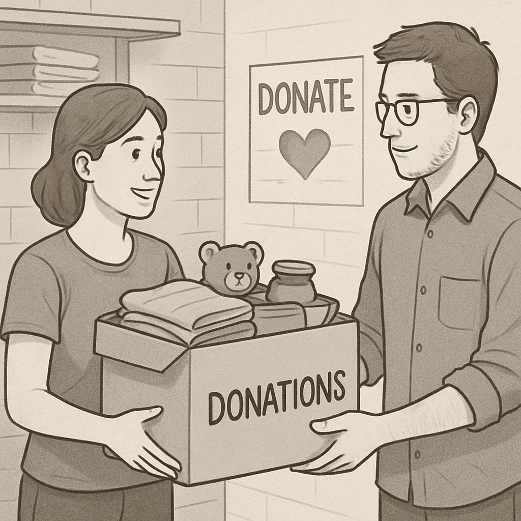 Woman handing a donation box to a man in front of a “DONATE” sign.
