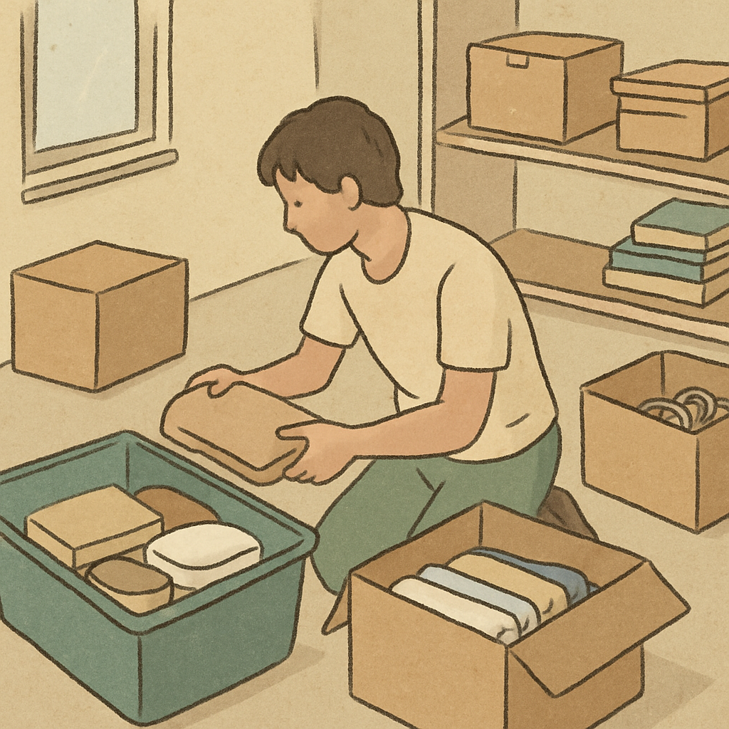 Person packing items into boxes in a room; some boxes on shelves, and by the floor.