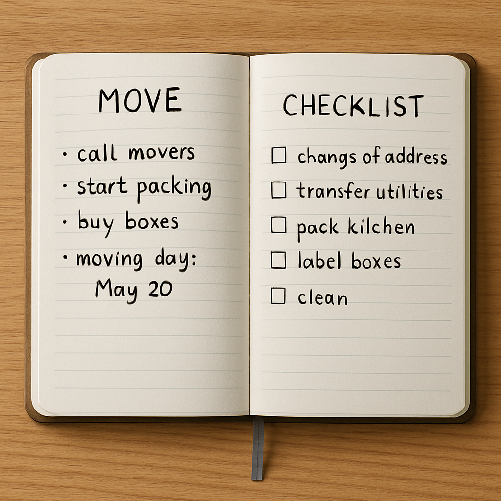 Notebook open to moving checklist; lists