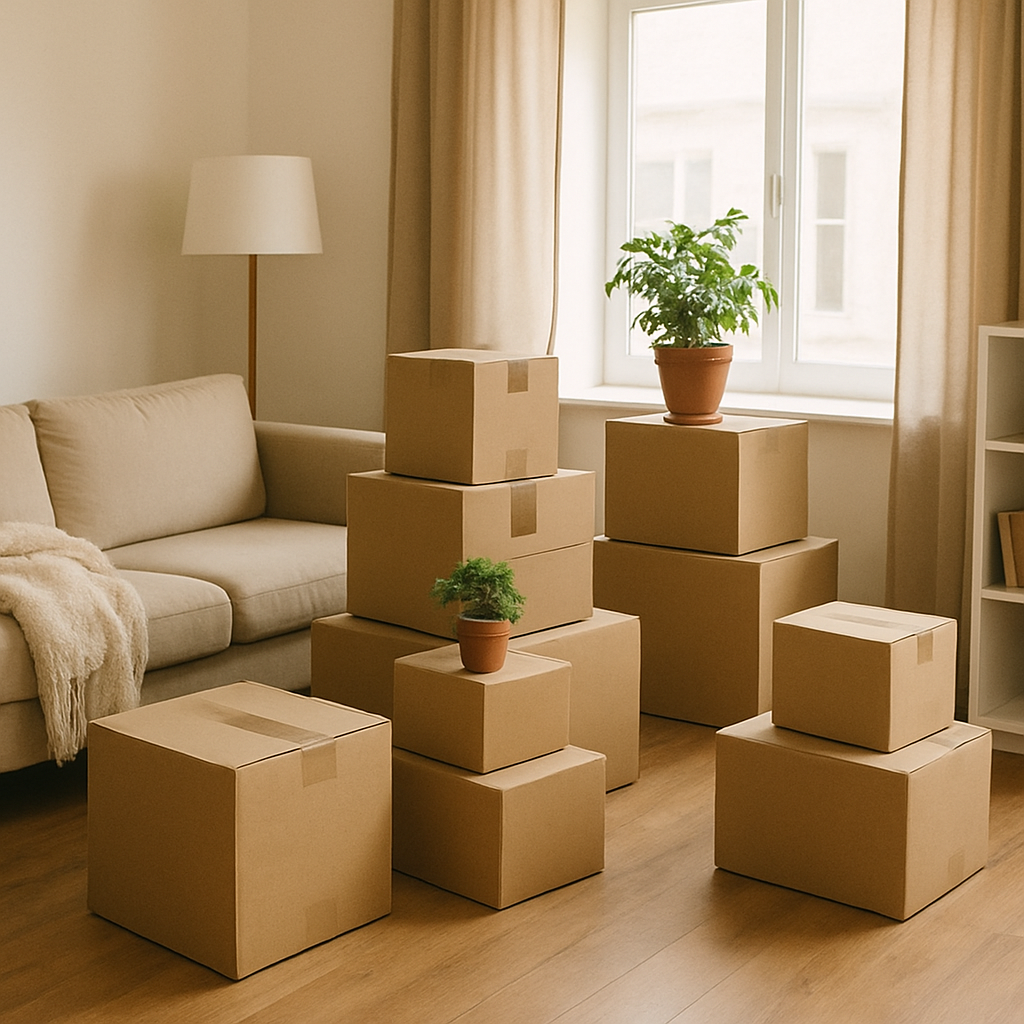 Cardboard boxes stacked in a room with a sofa, window, and plants, indicating a move.