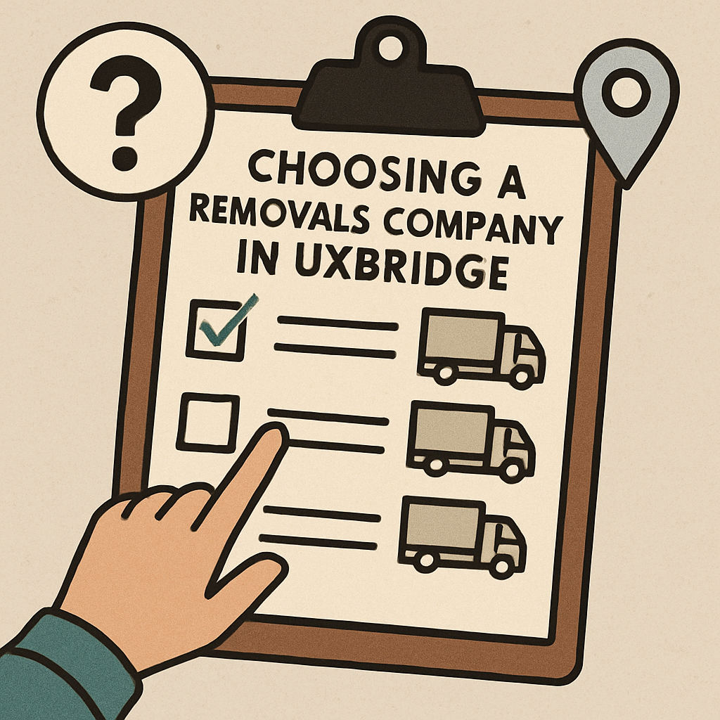 Checklist: Choosing a removals company in Uxbridge. Hand pointing at a box. Checklist includes truck icons.