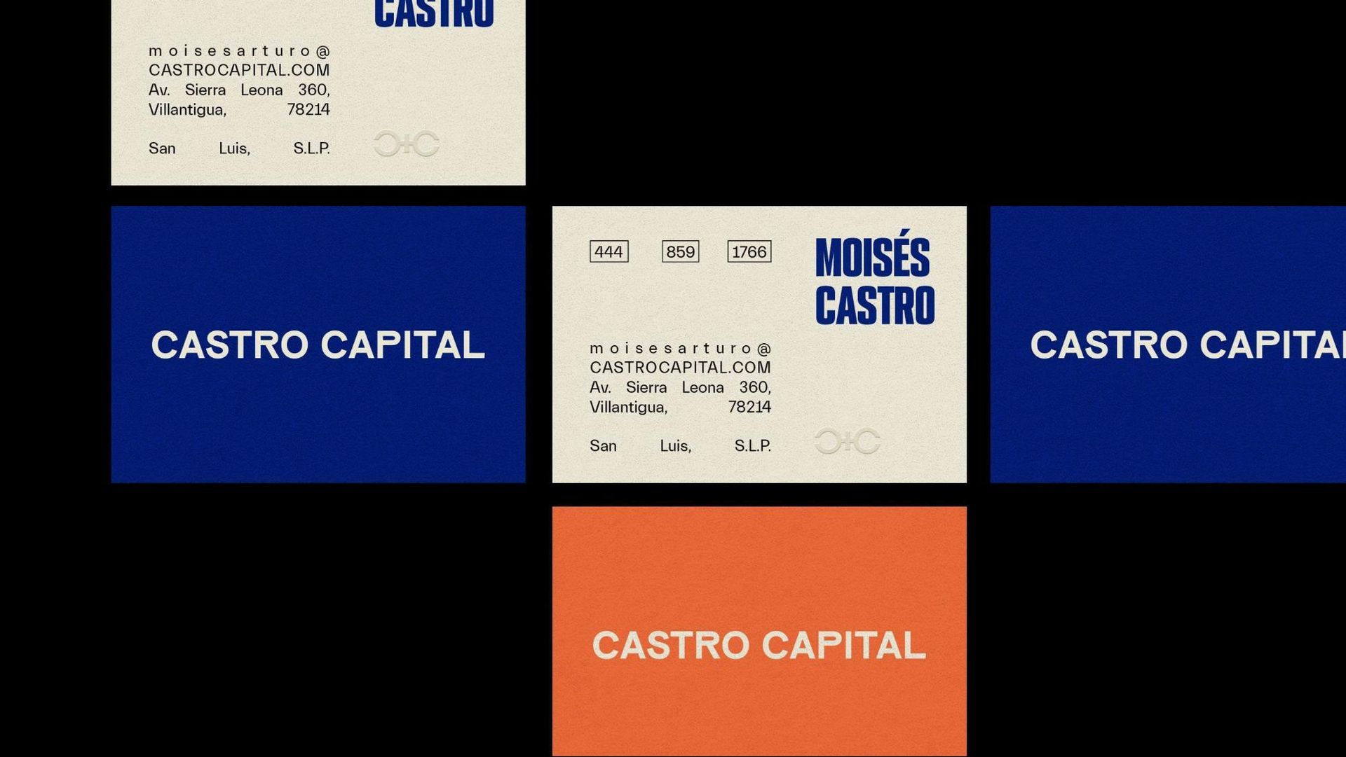 Business cards for Moisés Castro and Castro Capital in blue, beige and orange.