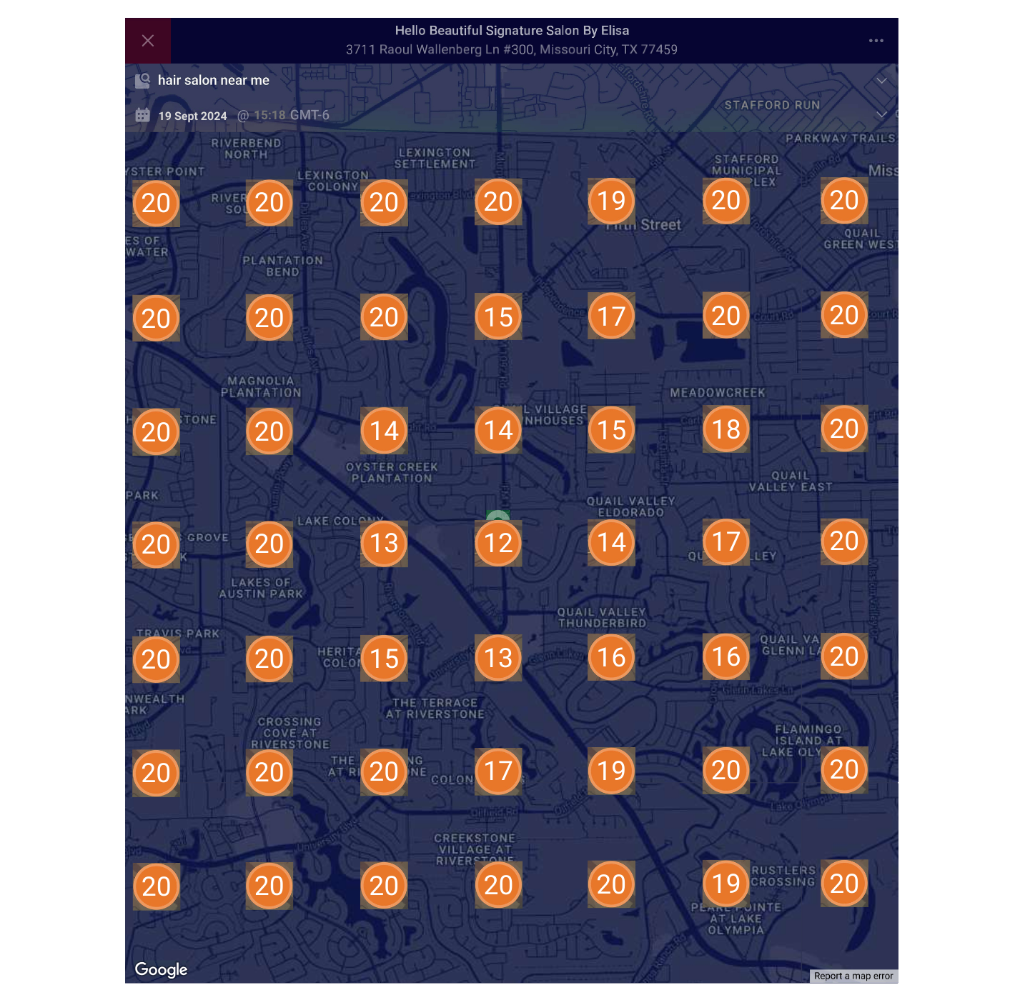 Local map-pack visibility grid showing consistent coverage across Missouri City, Texas