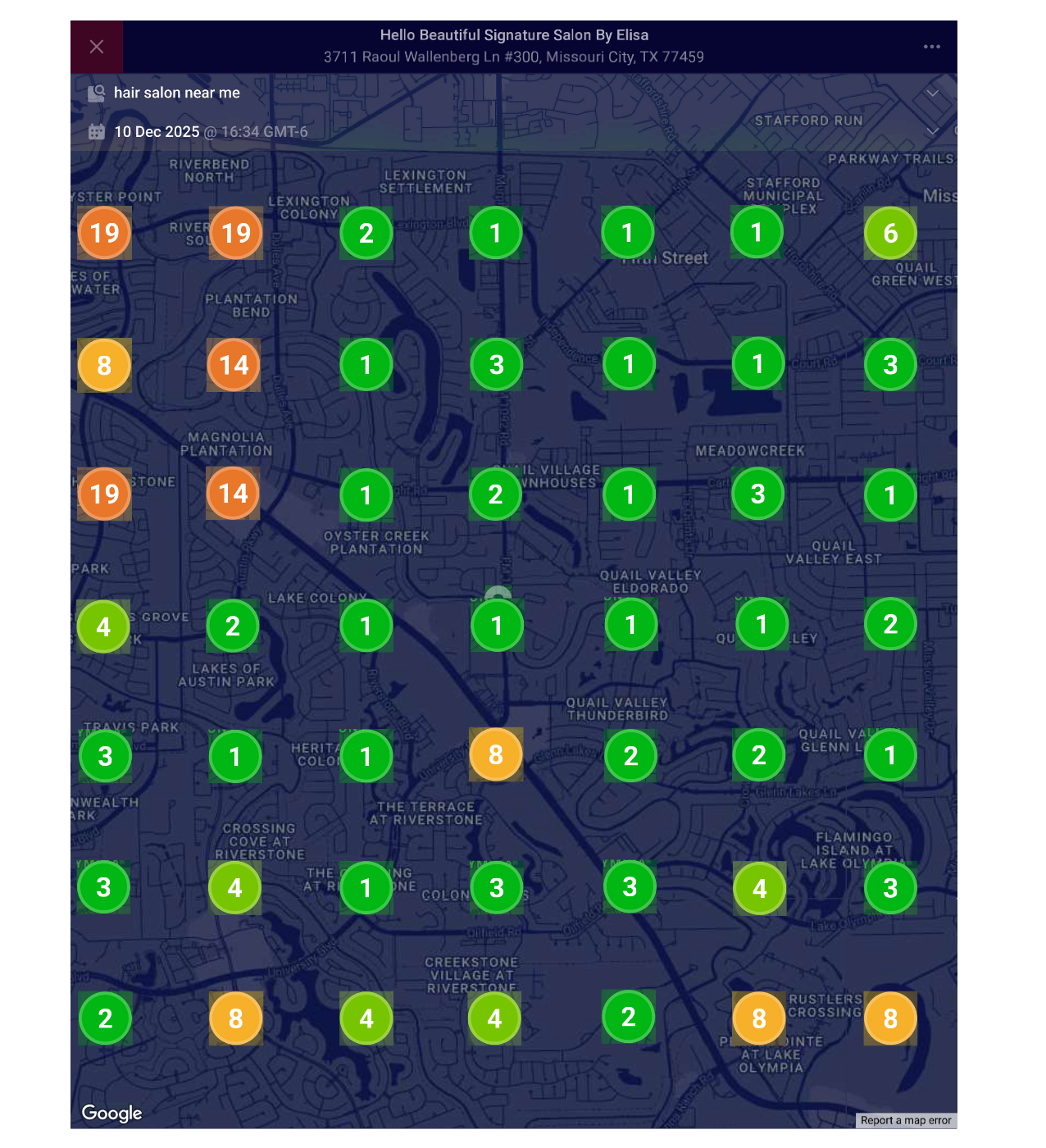 Geo-grid map illustrating Google Maps visibility improvement for a Missouri City hair salon