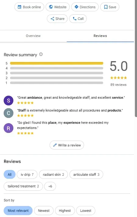 Google Business Profile reviews showing patient ratings for a med spa