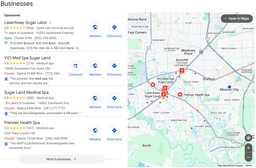 Google Maps search results showing med spas in Sugar Land Texas