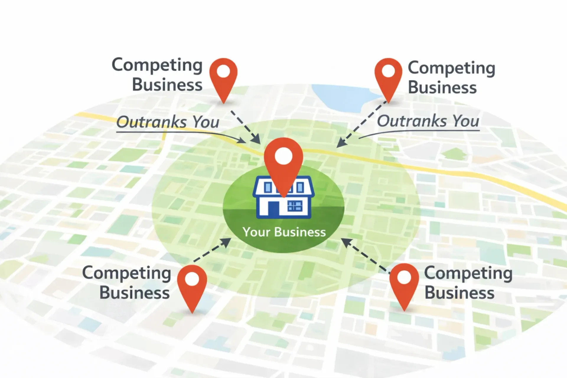 Illustration showing a local business on Google Maps with stronger visibility near its location and competing businesses outranking it farther away.