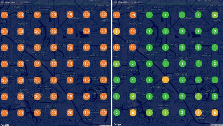 Google Maps visibility grid showing ranking coverage across a city