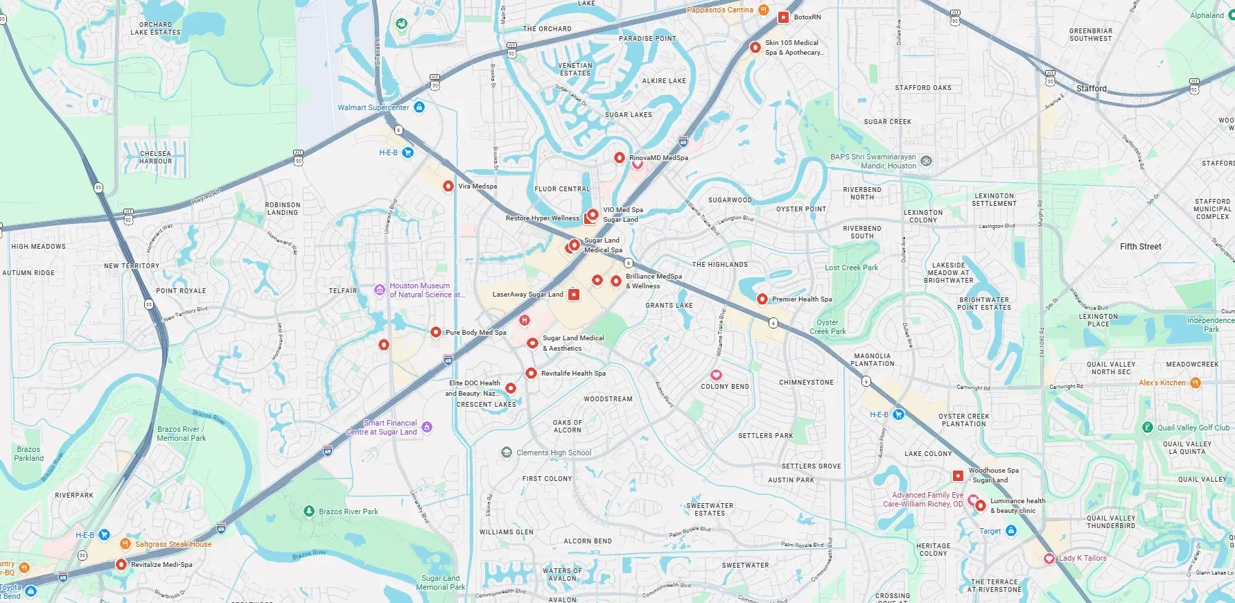 Google Maps view of Sugar Land Texas showing the local search area where patients look for med spas