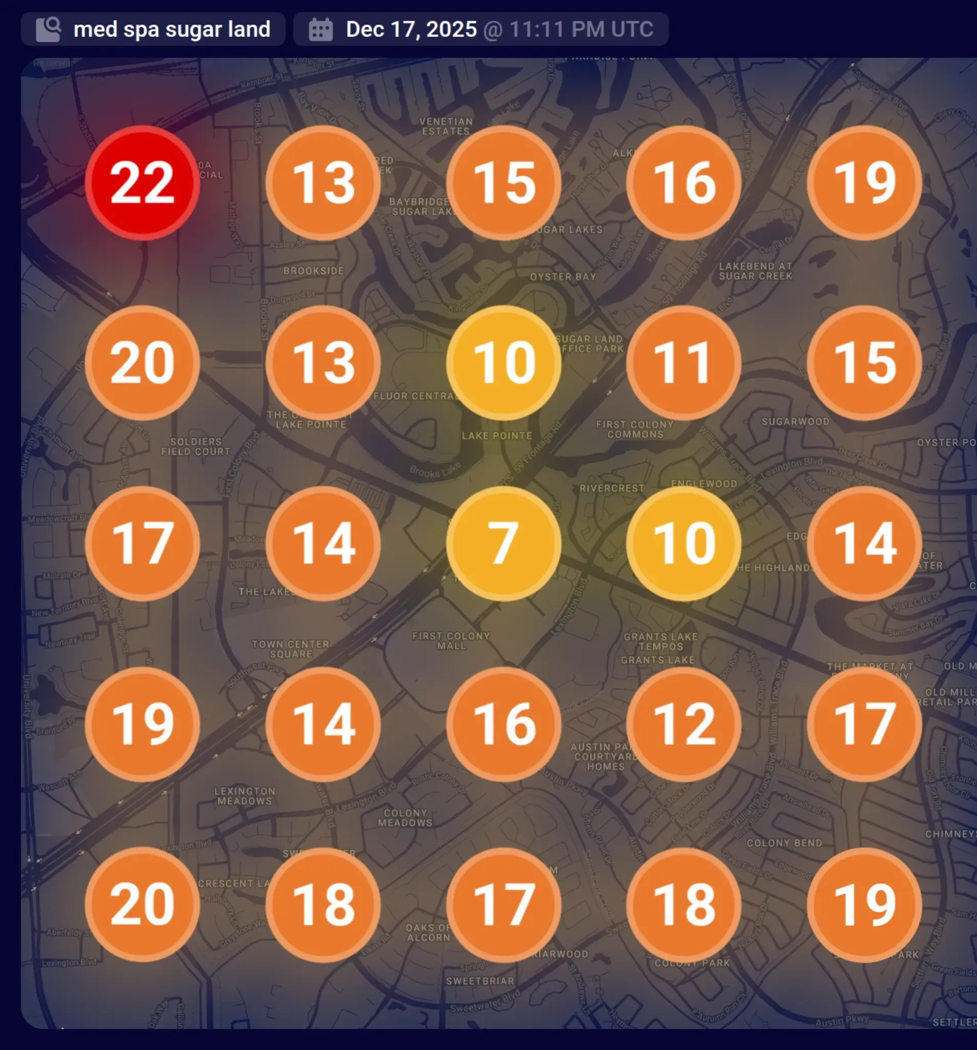 Local search grid showing Google Maps ranking visibility across a city