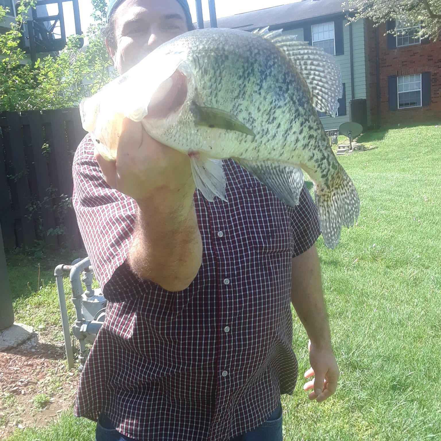 Man holding large crappie fish outdoors.