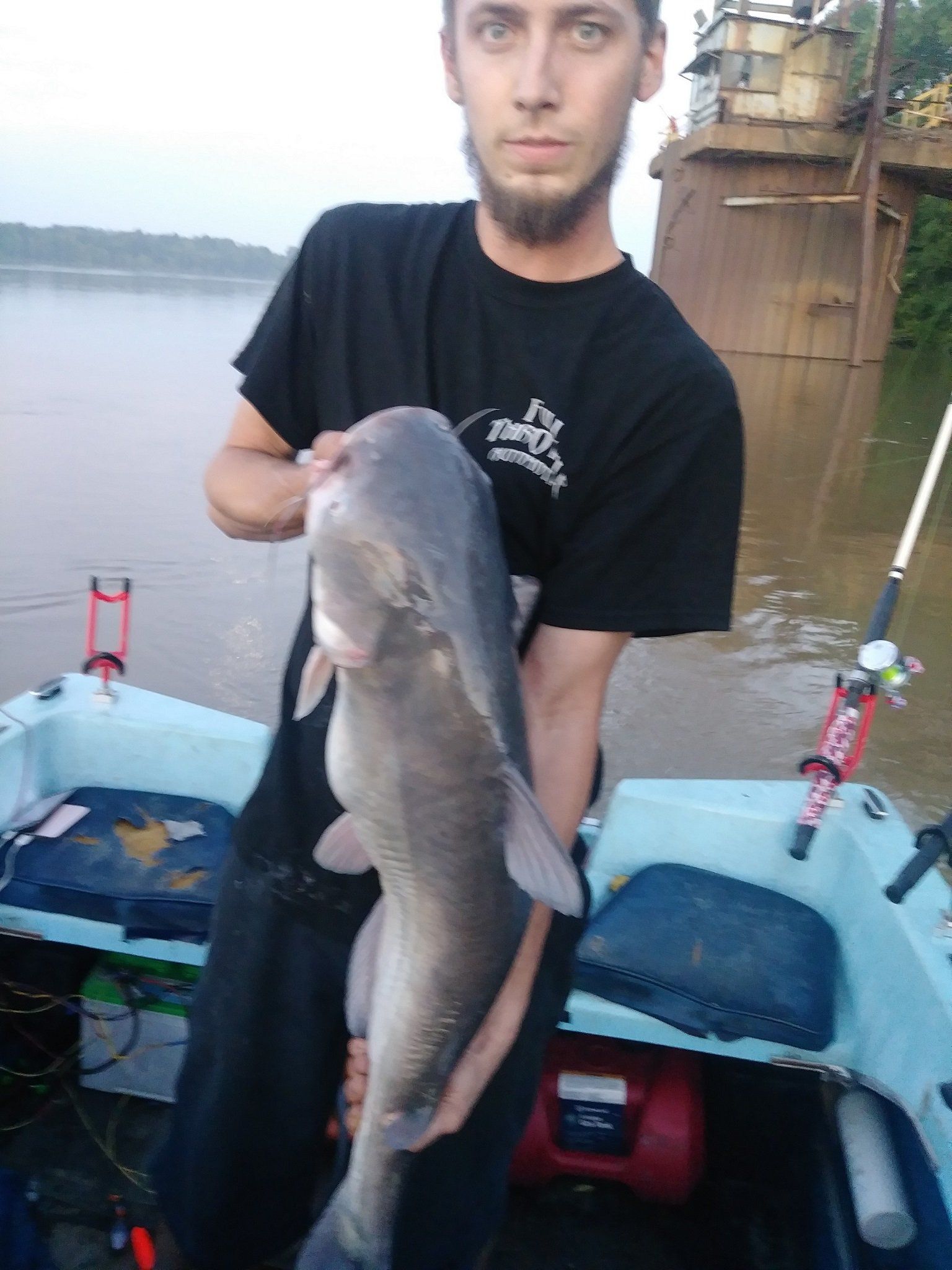 Man holding large, gray catfish on a boat, fishing rod in background.