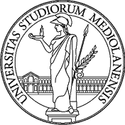 un logo con un uomo vestito da cavaliere con scritto Universitas Studiorum Mediolanensis