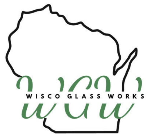 A wisco glass works logo with a map of wisconsin