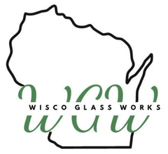 A wisco glass works logo with a map of wisconsin